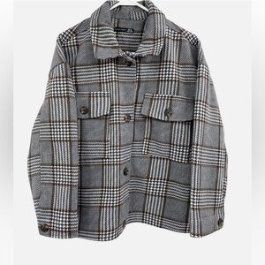 Black Tape_ XL Jacket Houndstooth Button-Up Grey White Brown Pockets Long Sleeve